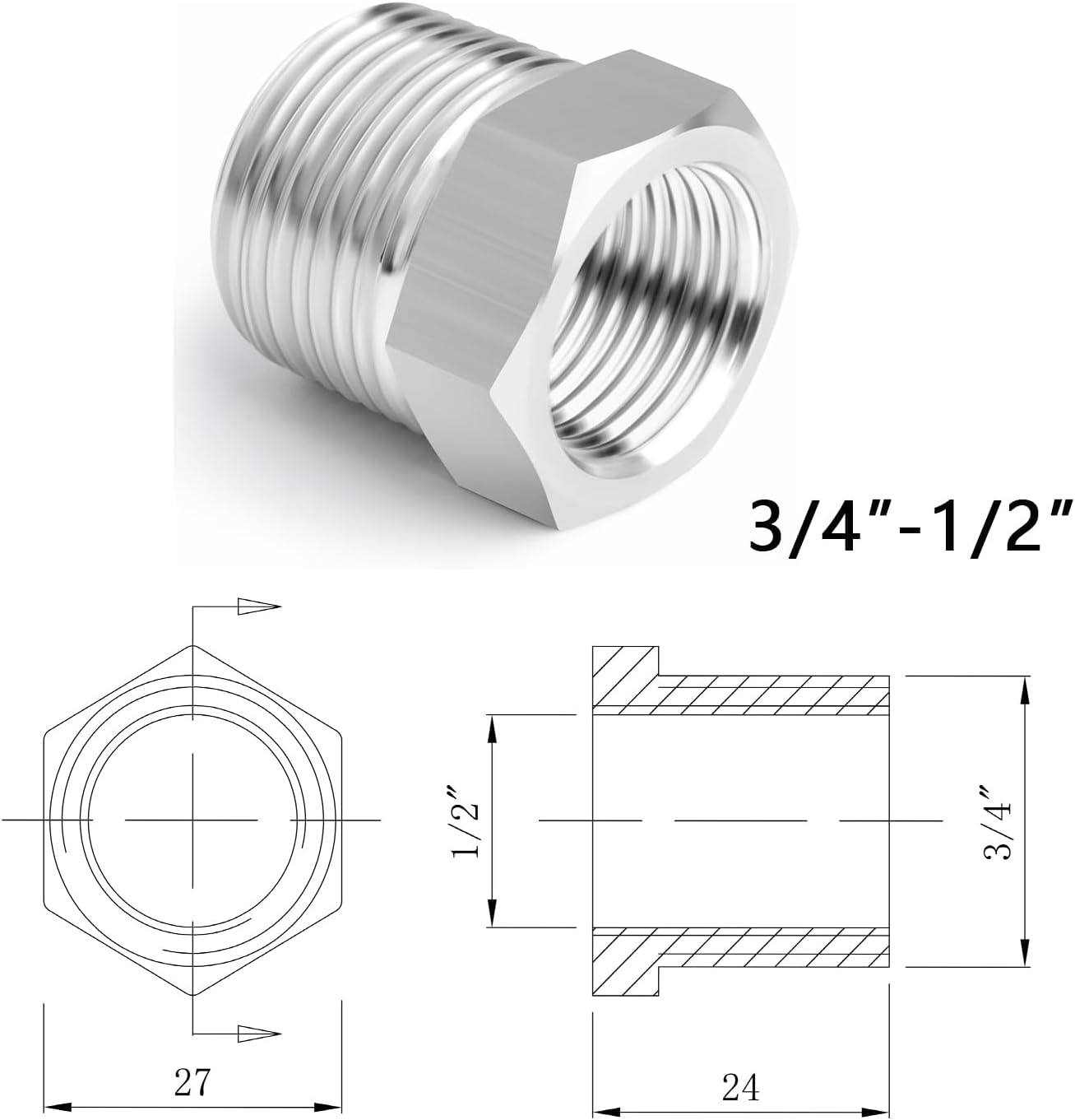 3/4" x 1/2" Reducer Bush, Used for Washing Machine | Dishwasher Hose Pipe Fitting Connector Adapter,Connecting Washing Machine | Dishwasher Pipe with Angle Valve,Connections for Water Pipes and Hoses UAE